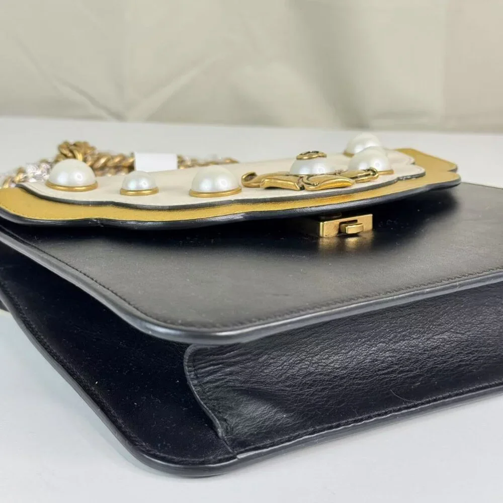 Gucci Black Leather Pearly Peony Chain Shoulder Bag